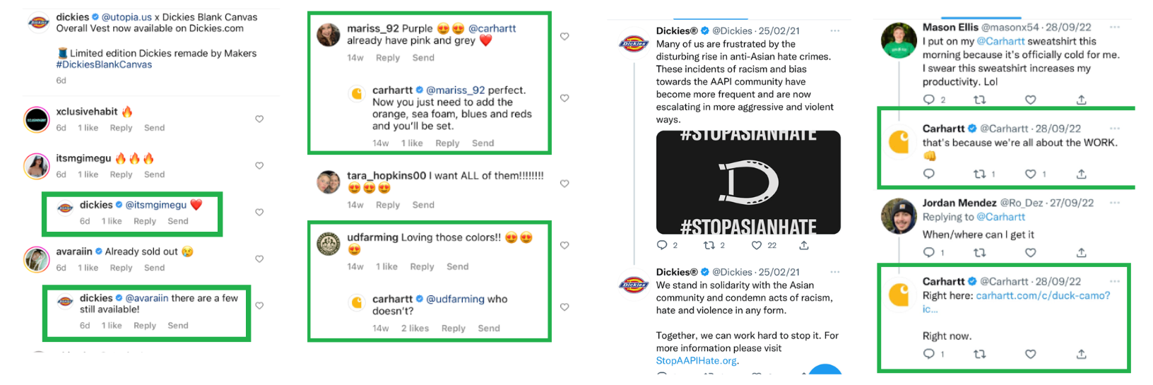 Competitor comparison of brand persona and follower engagement (Dickies, Carhartt)