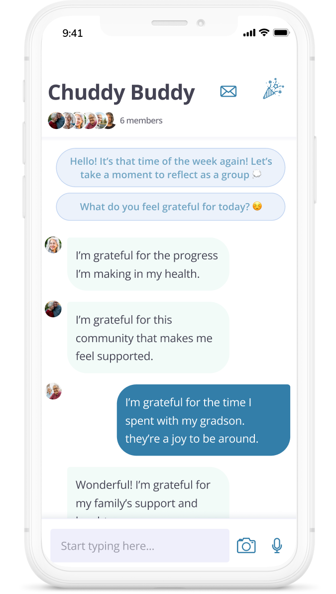 Mobile app screen showing buddy group feature for peer support